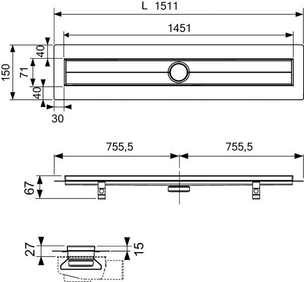 душевой лоток tece tecedrainline 601500 150 см, прямой, без крышки, с гидроизоляцией seal system, серебристый металлик