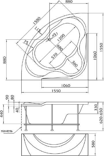 акриловая ванна 1marka luxe 155x155, 01лю1515/ 02500 без гидромассажа