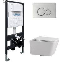 Комплект инсталляция с унитазом Abber AC1201-AC0105-AC0121 с кнопкой смыва, хром + унитаз подвесной Abber Rechteck безободковый, с сиденьем микролифт, белый