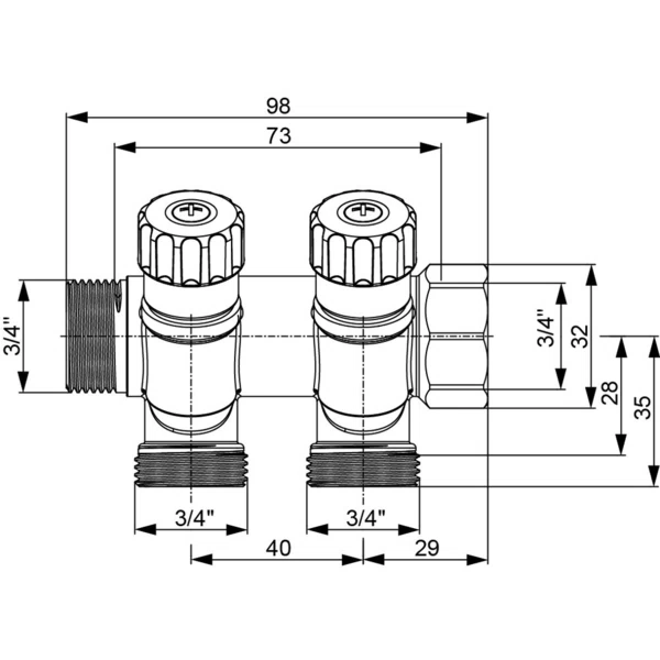 коллектор tece 3/4 вр(г) х 2 выхода 3/4 нр(ш) ек х 3/4 нр(ш) с запорными вентилями (8730006)