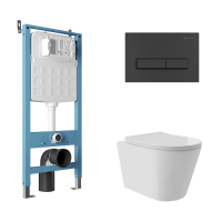 Комплект Aqueduto AQDS141Т Унитаз подвесной Cone Plus безободковый, с микролифтом, смыв Tornado + Система инсталляции для унитазов Tecnica Novo + Кнопка смыва Retangulo черная матовая