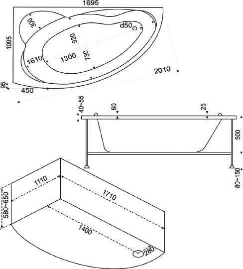 акриловая ванна bas лагуна 170х110 r без гидромассажа
