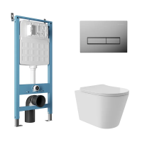 Комплект Aqueduto AQDS139Т Унитаз подвесной Cone Plus безободковый, с микролифтом, смыв Tornado + Система инсталляции для унитазов Tecnica Novo + Кнопка смыва Retangulo хром