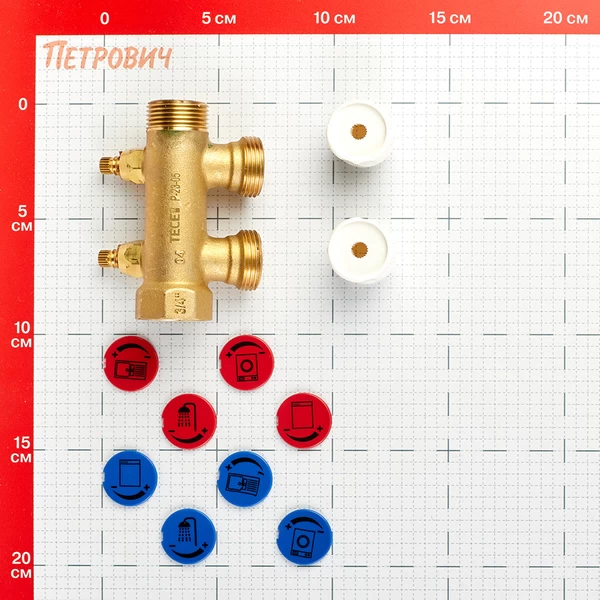 коллектор tece 3/4 вр(г) х 2 выхода 3/4 нр(ш) ек х 3/4 нр(ш) с запорными вентилями (8730006)