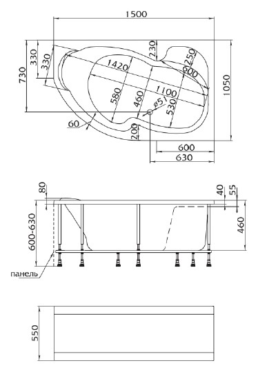 акриловая ванна marka one aura 150x105 r, 01ау1510п без гидромассажа