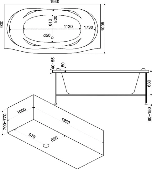 акриловая ванна bas фиеста в 00037 194x90 без гидромассажа