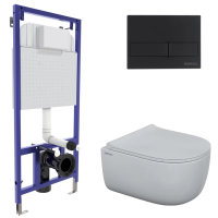 Комплект унитаза с инсталляцией Berges Ego Rimless 525 047215 с сиденьем микролифт и Черной клавишей смыва