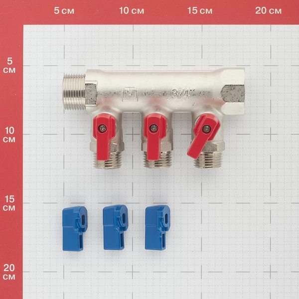 коллектор valtec 3/4 вр(г) х 3 выхода 1/2 нр(ш) х 3/4 нр(ш) с шаровыми кранами (vtc.580.n.0503)