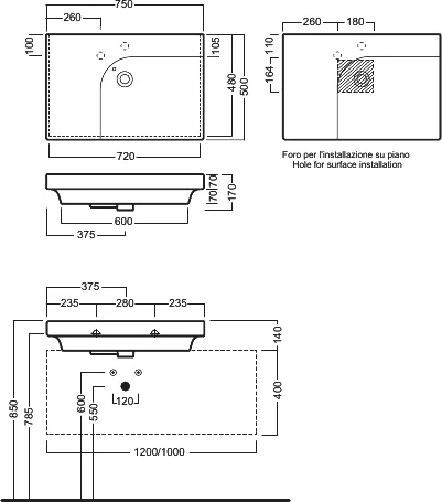 раковина hatria grandangolo dx yxf801 75, 1 готовое отверстие под смеситель