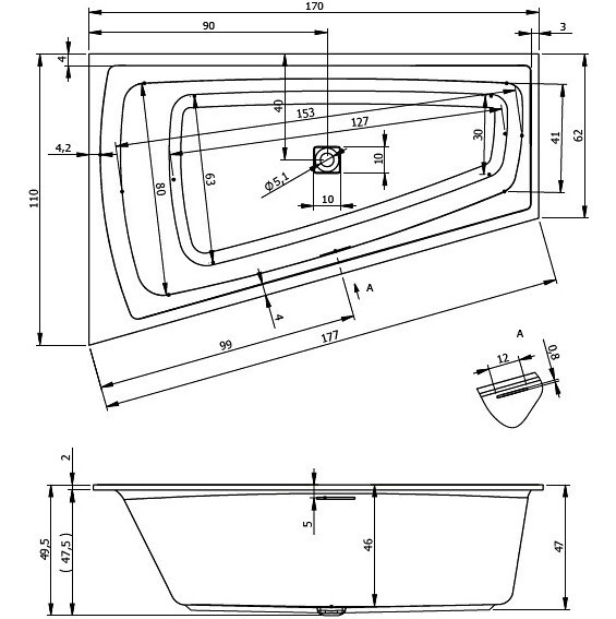акриловая ванна riho still smart 170х110 b101003005 (br0300500k00130) l без гидромассажа