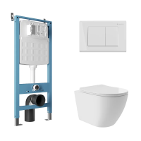 Комплект Aqueduto AQDS131Т Унитаз подвесной Ovo Plus безободковый, с микролифтом, смыв Tornado + Система инсталляции для унитазов Tecnica Novo + Кнопка смыва Quadrado белая глянцевая