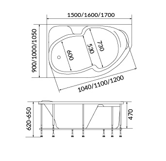 акриловая ванна 1marka diana 160x100 l, 01ди1610л / у41684 без гидромассажа