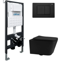 Комплект инсталляция с унитазом Abber AC1201MB-AC0105-AC0120MB с кнопкой смыва, черный матовый + унитаз подвесной Abber Rechteck безободковый, с сиденьем микролифт, черный матовый