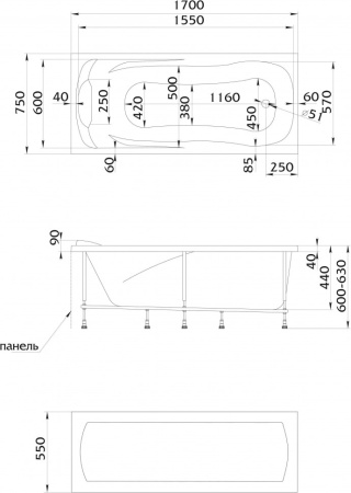 акриловая ванна 1marka calypso 170x75, 01каи1775 / у06341 без гидромассажа