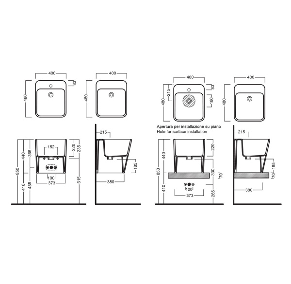 раковина hatria g-full yxjh01 48х40х44 см, подвесная, без отверстий для смесителя, белая