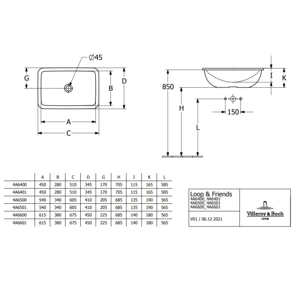 раковина villeroy & boch loop & friends 4a6500r1 встраиваемая сверху, 60х40.5 см, ceramicplus, цвет белый альпийский.