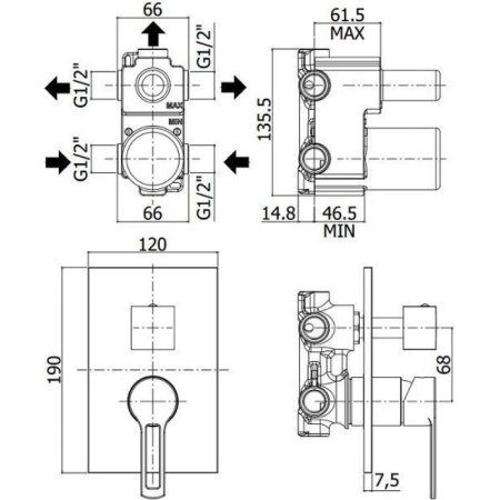 смеситель paffoni ringo rin019cr/m для ванны и душа, встраиваемый, с внутренней частью, 2 потребителя, хром глянцевый