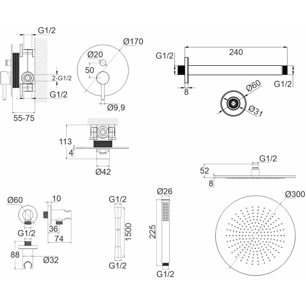 душевой комплект whitecross y yset12glb 300 мм, со смесителем, золотой матовый