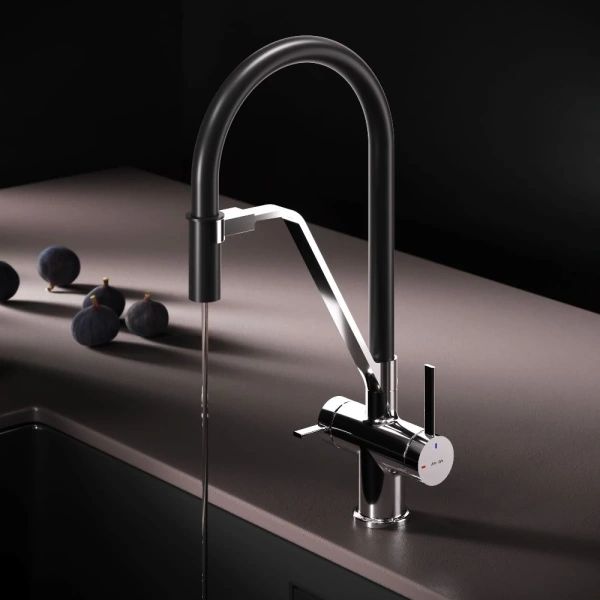 смеситель для кухни am.pm func f8f07802 coolstart, с подключением к фильтру, гибким изливом, хром/черный