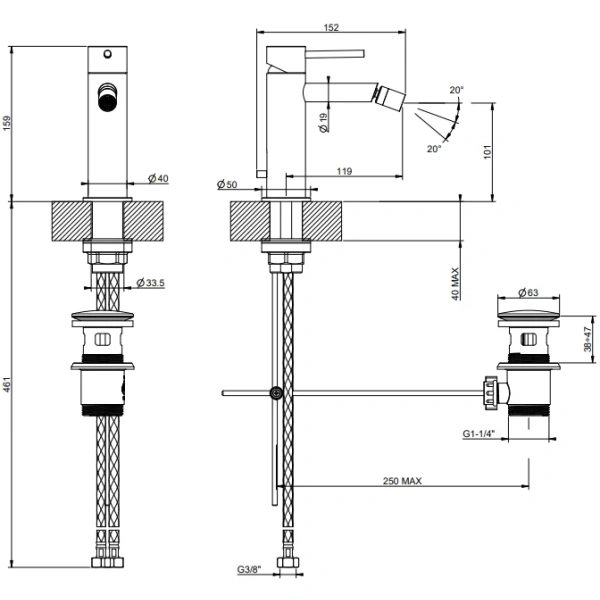 смеситель gessi gessi316 54007#239 для биде, с донным клапаном, нержавеющая сталь