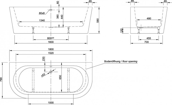 акриловая ванна knief wall 0100-277-06 180x80 см