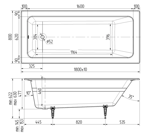 чугунная ванна wotte line plus 1800x800 цвет белый