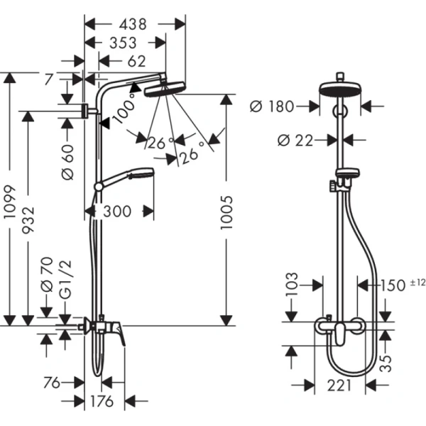 душевая система с однорычажным смесителем hansgrohe crometta 160 1jet showerpipe 27266400