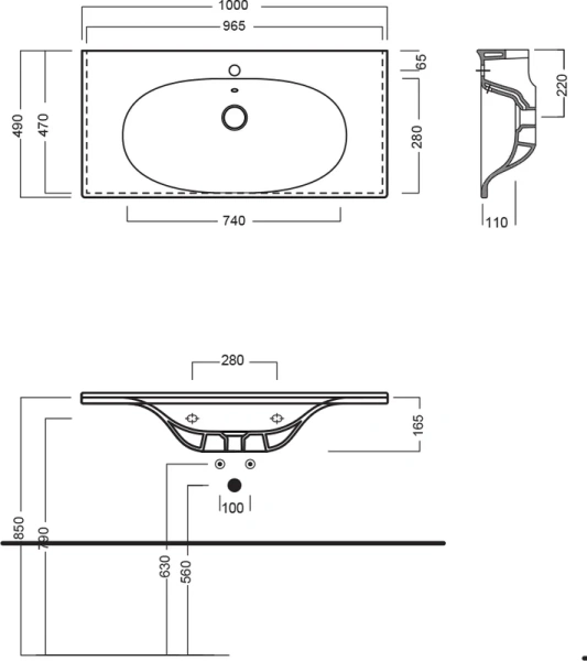 раковина hatria le fiabe y1bq01 подвесная/накладная, с 1 отв., 100x48.5xh16.5 см, белая