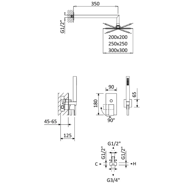 душевой комплект 300 мм cezares porta porta-dsipq-30-sr
