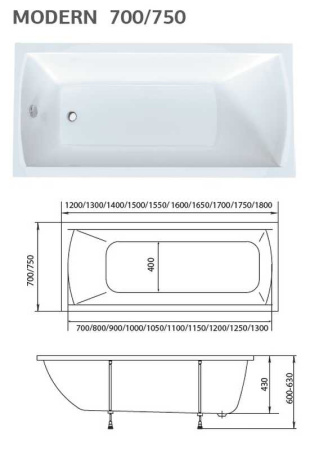 акриловая ванна marka one modern 140х70 см, 01мод1470 без гидромассажа