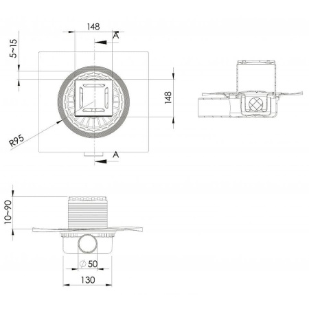 душевой трап berges zentrum norma 150x150 090363 с решеткой хром матовый