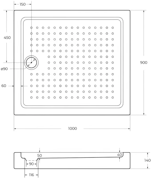 акриловый поддон 100x90 см cezares tray-a-ah-100/90-15-w