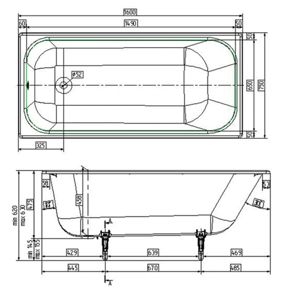 ванна чугунная wotte start 1600x750ur c отверстиями для ручек