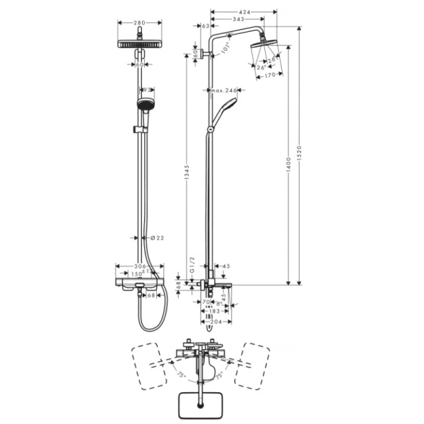 душевая система 280x170 мм hansgrohe croma e showerpipe 27687000