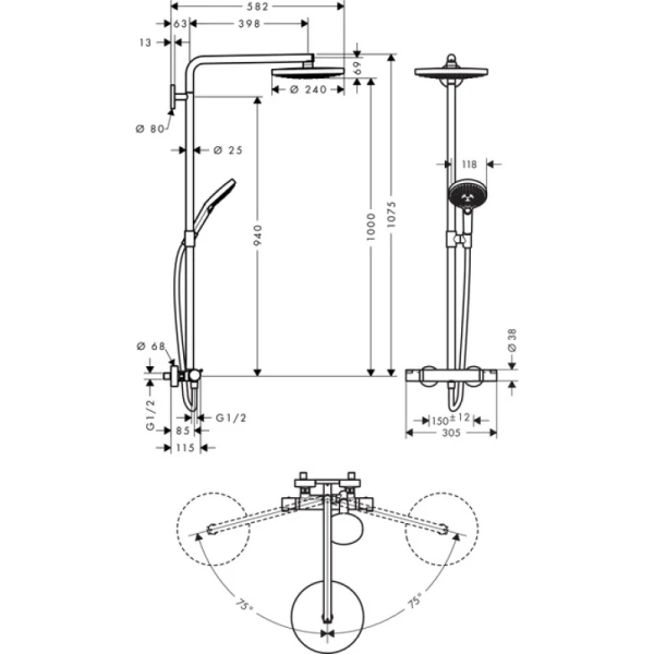 душевая система hansgrohe raindance select s 240 2jet showerpipe 27129000