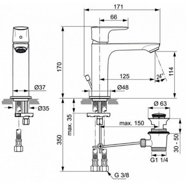 смеситель для раковины с донным клапаном ideal standard connect air a7012a2