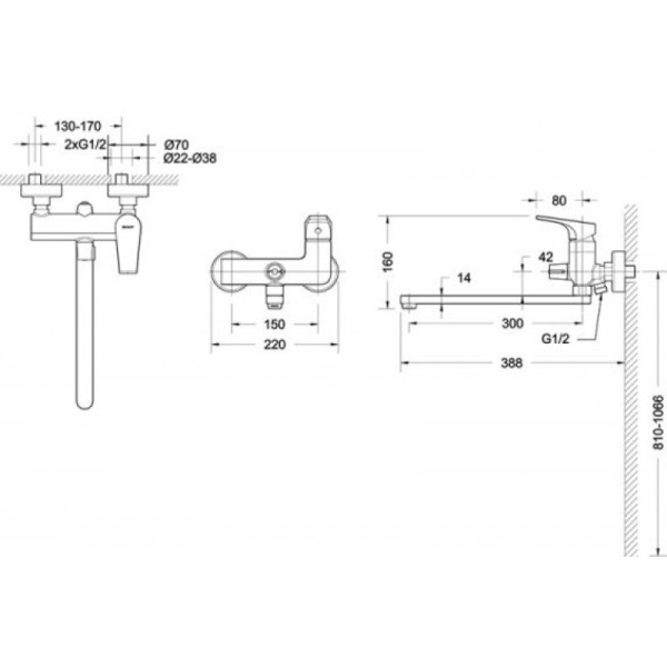 смеситель для ванны с душем bravat vega f6119177cp-01l универсальный