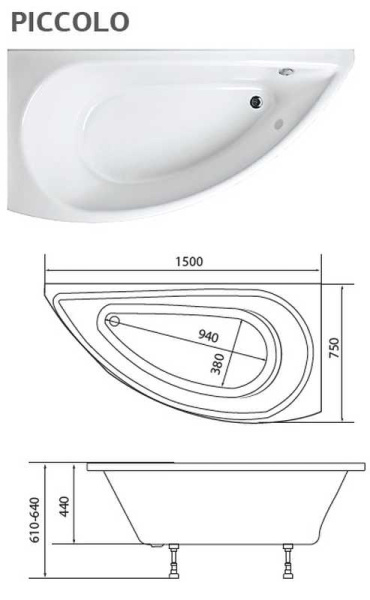 акриловая ванна 1marka piccolo 150x75 l, 01пк1770л / у10976 без гидромассажа