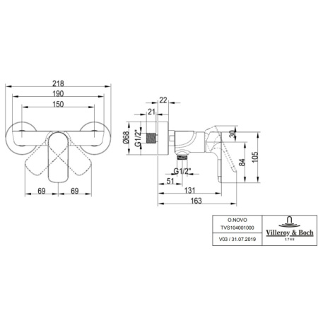 смеситель для душа villeroy & boch o.novo tvs10400100061