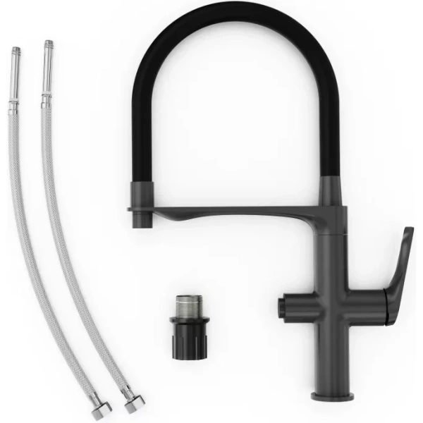 смеситель для кухни tokito mitsuishi tok-mit-1012gm с подключением к фильтру, гибким изливом, вороненая сталь