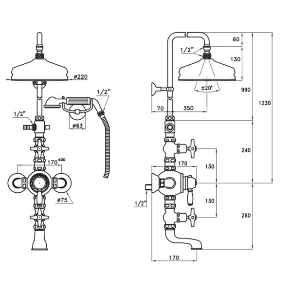 stella stella italica душевой комплект is3274/33-220: термостатический смеситель с изливом для ванны, штанга+ручной+верхний душ 220мм, цвет: хром