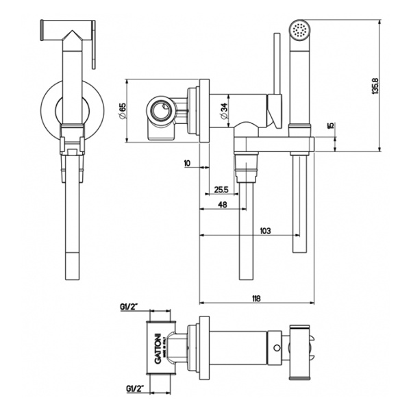 гигиенический душ gattoni rt010sg со встроенным смесителем, цвет: oro brush