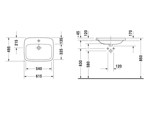 раковина встраиваемая сверху 61.5 см duravit durastyle 033746200001