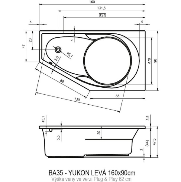 акриловая ванна riho yukon 160х90 l b009012005 (bd7500500000000) без гидромассажа