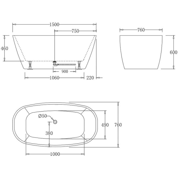 акриловая ванна belbagno 150x76 bb72-1500-w0 без гидромассажа