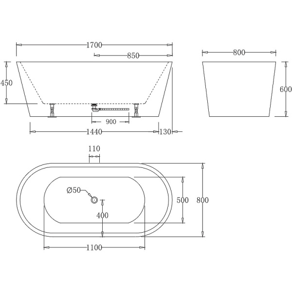 акриловая ванна belbagno bb71-1700-nero-w0 170x80 см, без гидромассажа, цвет черная / белая