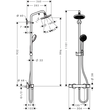 душевая система hansgrohe croma 160 showerpipe 27135000