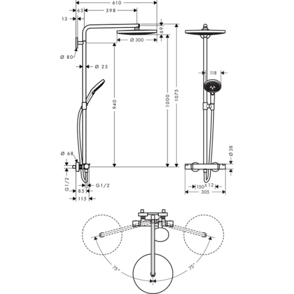 душевая система хром/белый hansgrohe raindance select s 300 2jet showerpipe 27133400