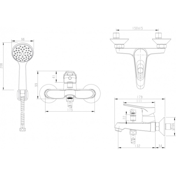 смеситель для ванны с душем bravat drop f64898c-b