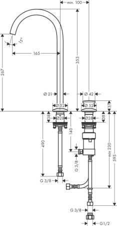смеситель для раковины axor one sel 260 48060000, на 2 отв., высокий, со сливом push-open, хром